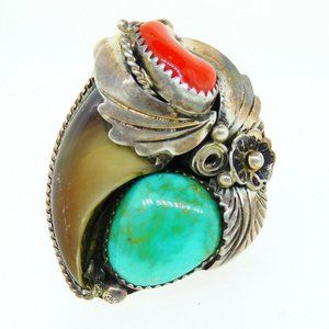 Native American OLD PAWN Sterling Silver Turquoise Coral Bear Claw Ring 11